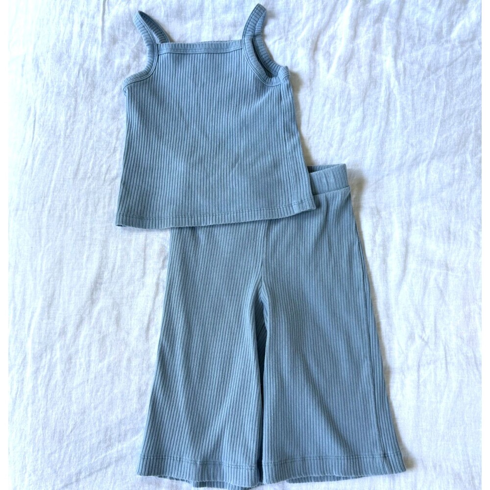 Little Co. Lauren Conrad 2-Piece Set Ribbed Tank Top Wide Leg Blue Cotton Sz 2T